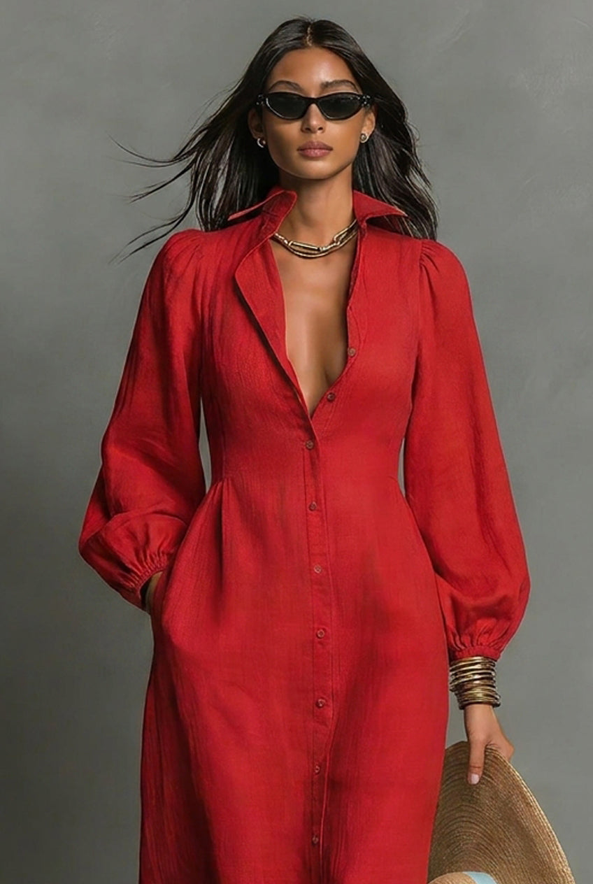 Women's Minimalist Single-breasted Long-sleeve Maxi Dress With A Fitted Waist