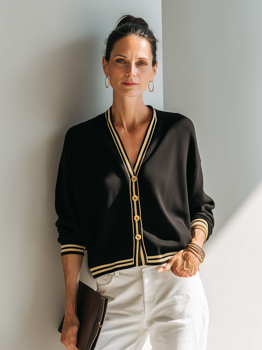 Women's Color-Contrast Striped V-Neck Cropped Knit Cardigan