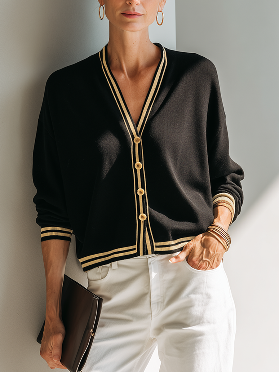 Women's Color-Contrast Striped V-Neck Cropped Knit Cardigan