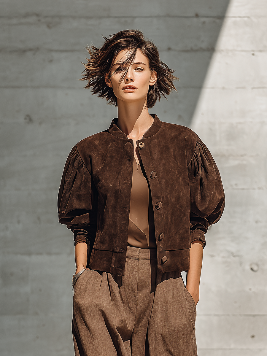 Women's Stand Collar Puff Sleeve Brown Jacket