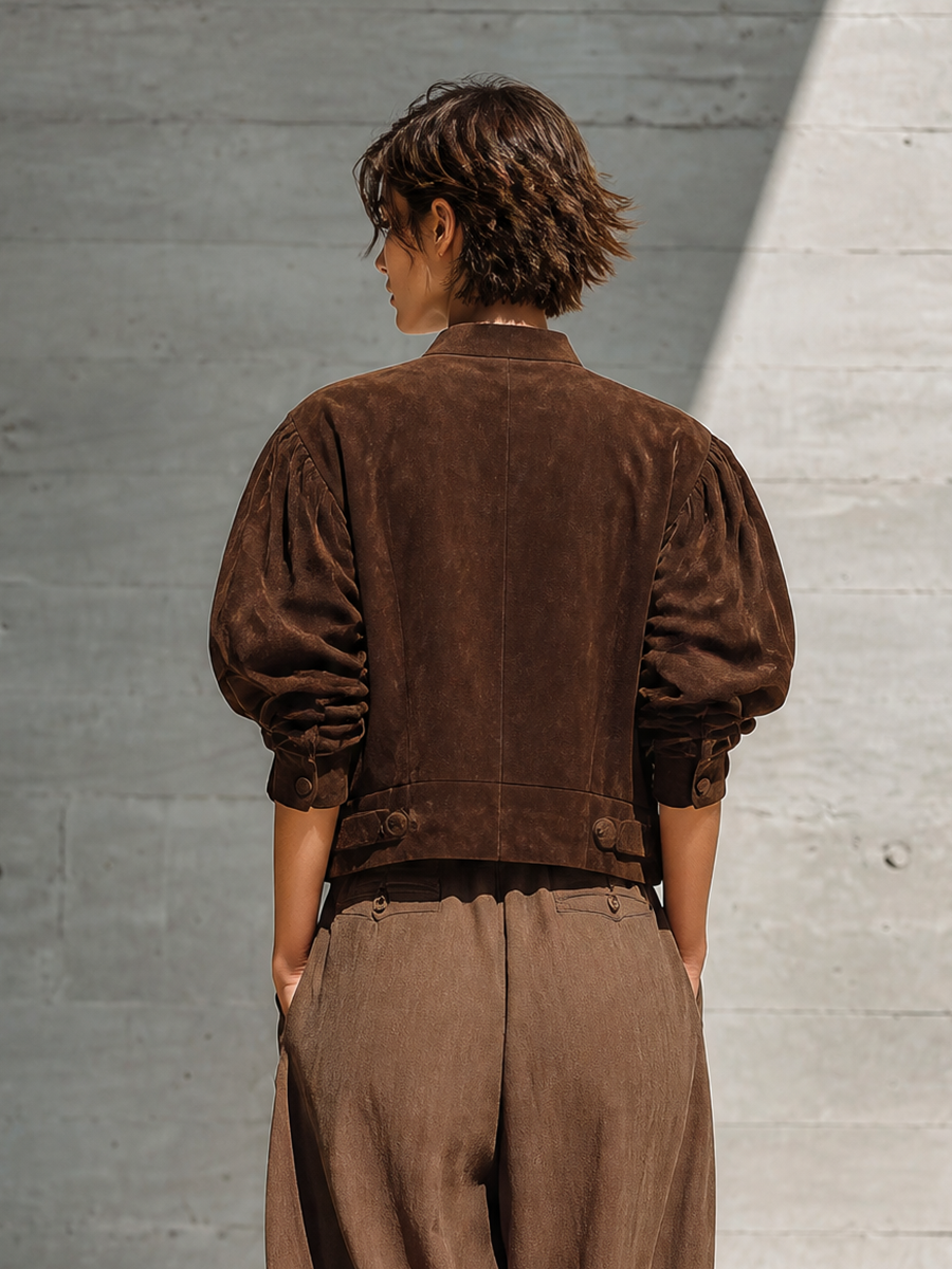 Women's Stand Collar Puff Sleeve Brown Jacket