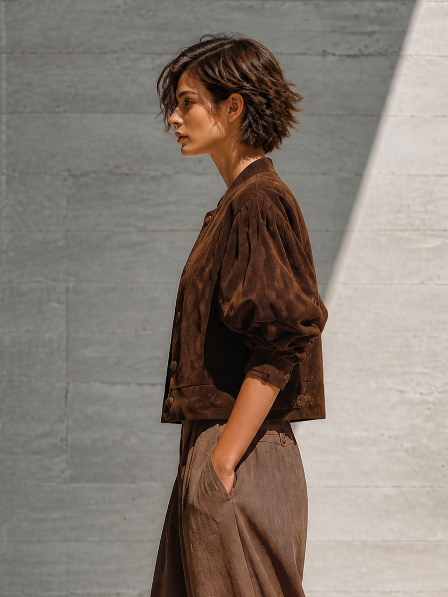 Women's Stand Collar Puff Sleeve Brown Jacket