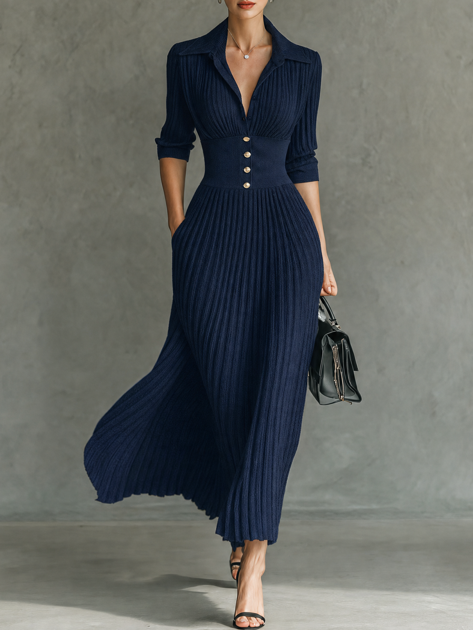 Women's Elegant Button-Front Collared Pleated Knit Dress