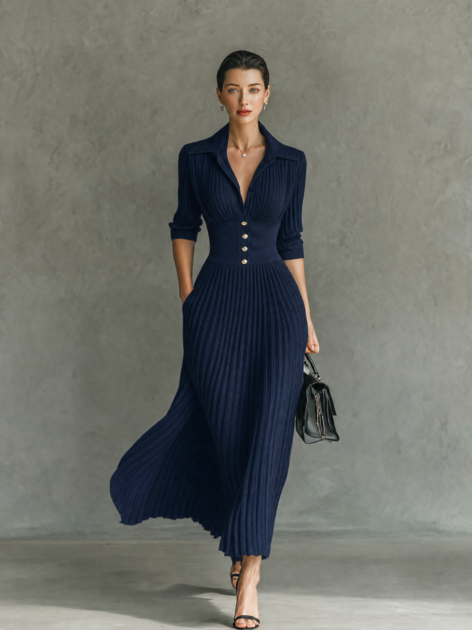 Women's Elegant Button-Front Collared Pleated Knit Dress