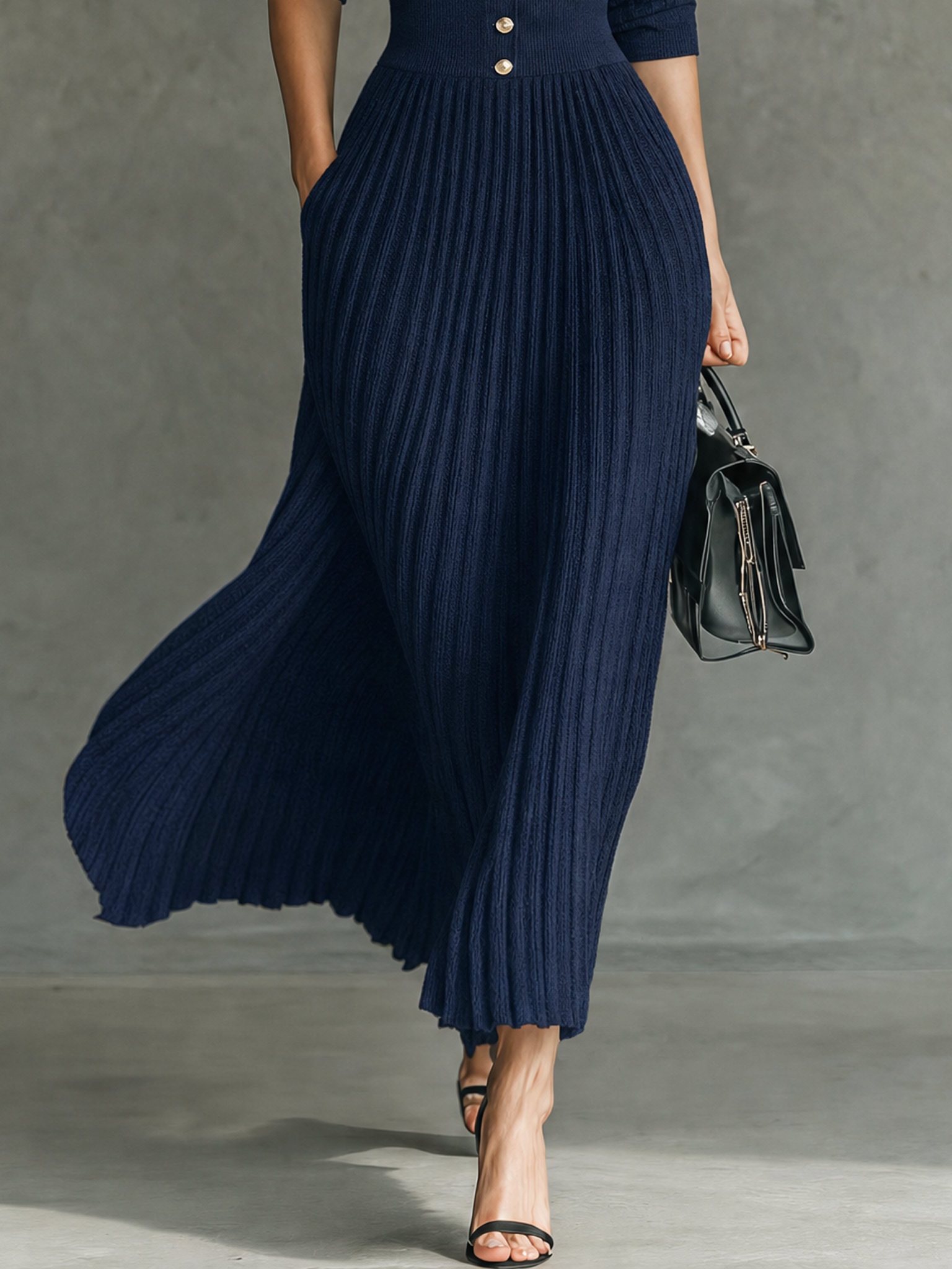Women's Elegant Button-Front Collared Pleated Knit Dress