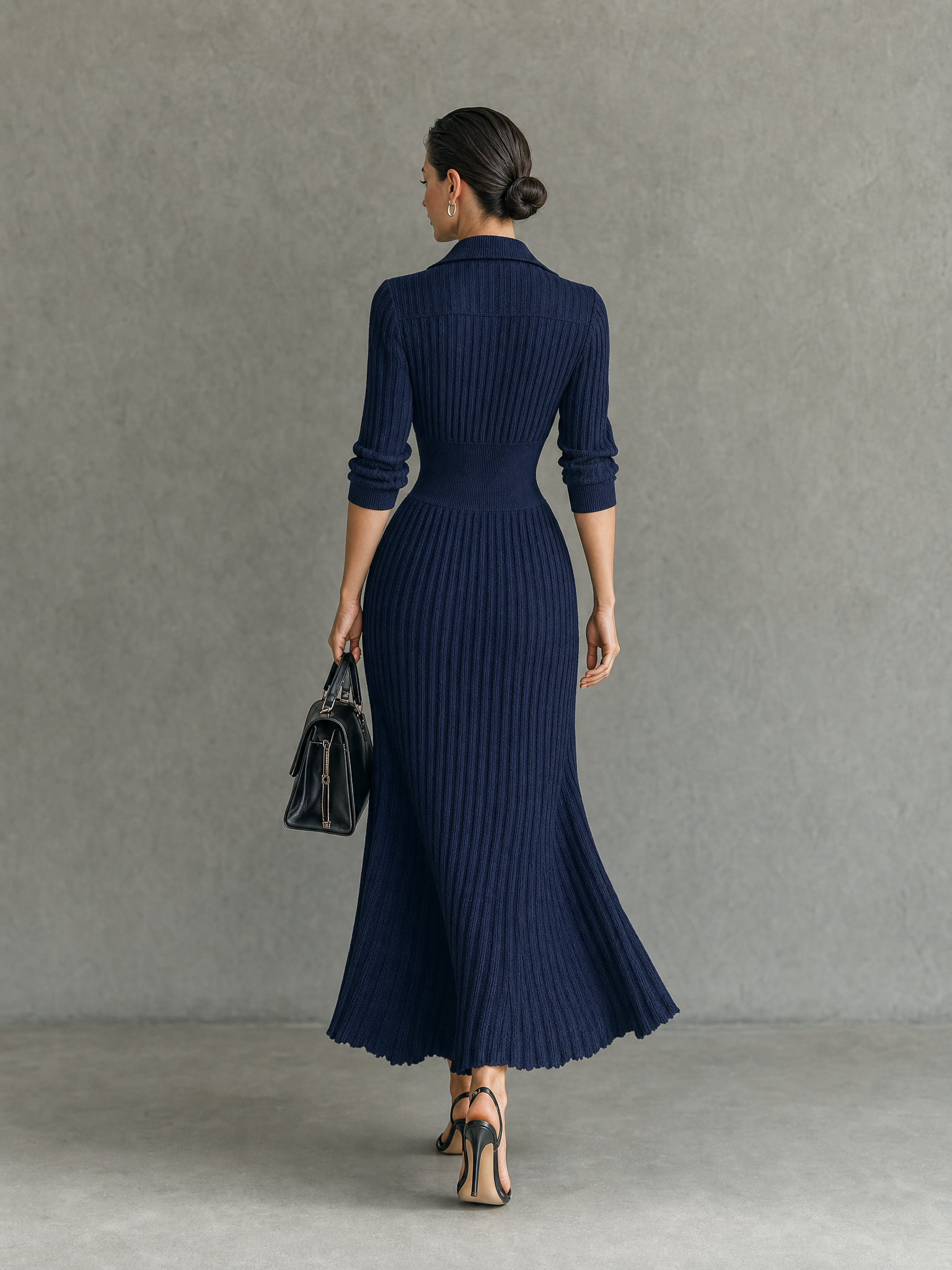 Women's Elegant Button-Front Collared Pleated Knit Dress