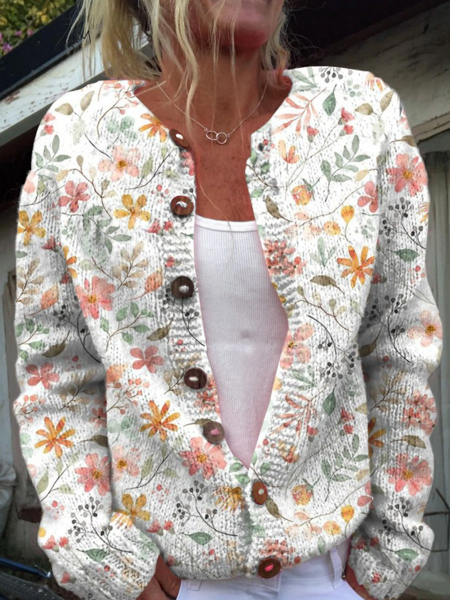 Cardigan Boutonné à Imprimé Petites Fleurs Mignonnes et Fraîches