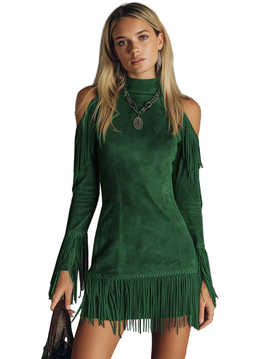 Betty - Mini-robe à manches longues en simili daim frangé, encolure semi-montante et épaules dénudées