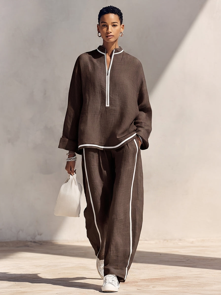 Women's Light‑Blue Linen Fabric Stand‑Collar Half‑Zip Oversized Top & Wide‑Leg Pants Set