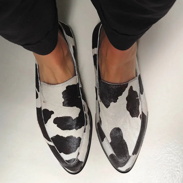 Cow Pattern Genuine Leather Pointed Toe Casual Loafers