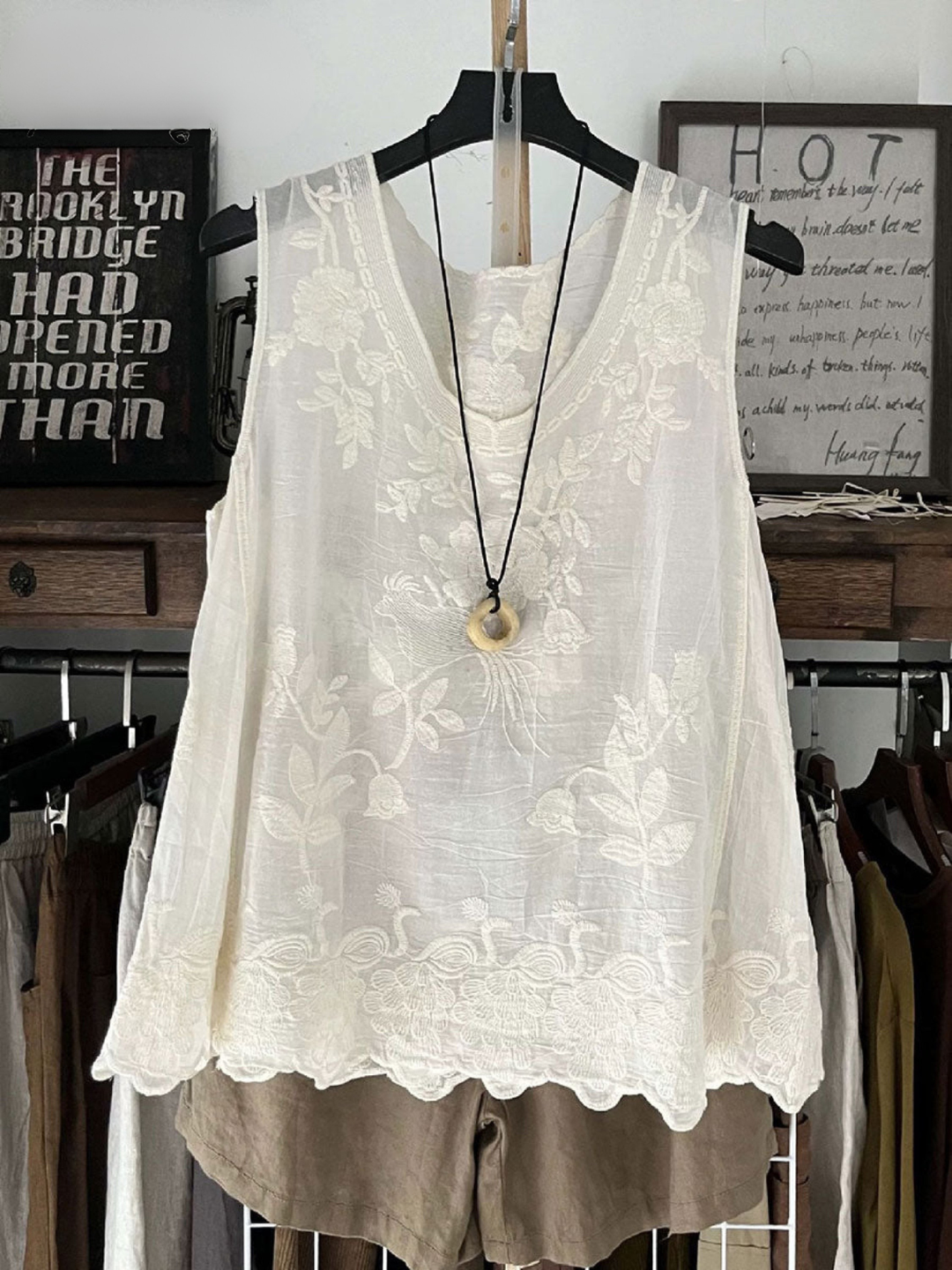 Women's  Vintage Lace Sleeveless Cotton and Linen Vest Top