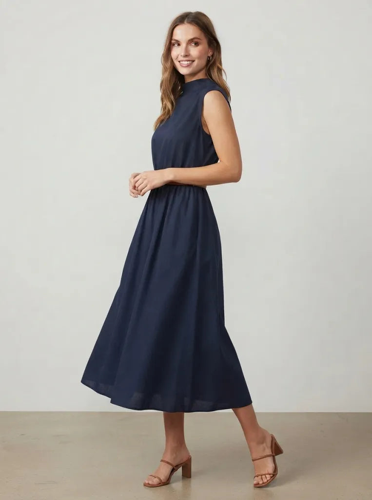 Belted High-Neck Pleated Maxi Dress