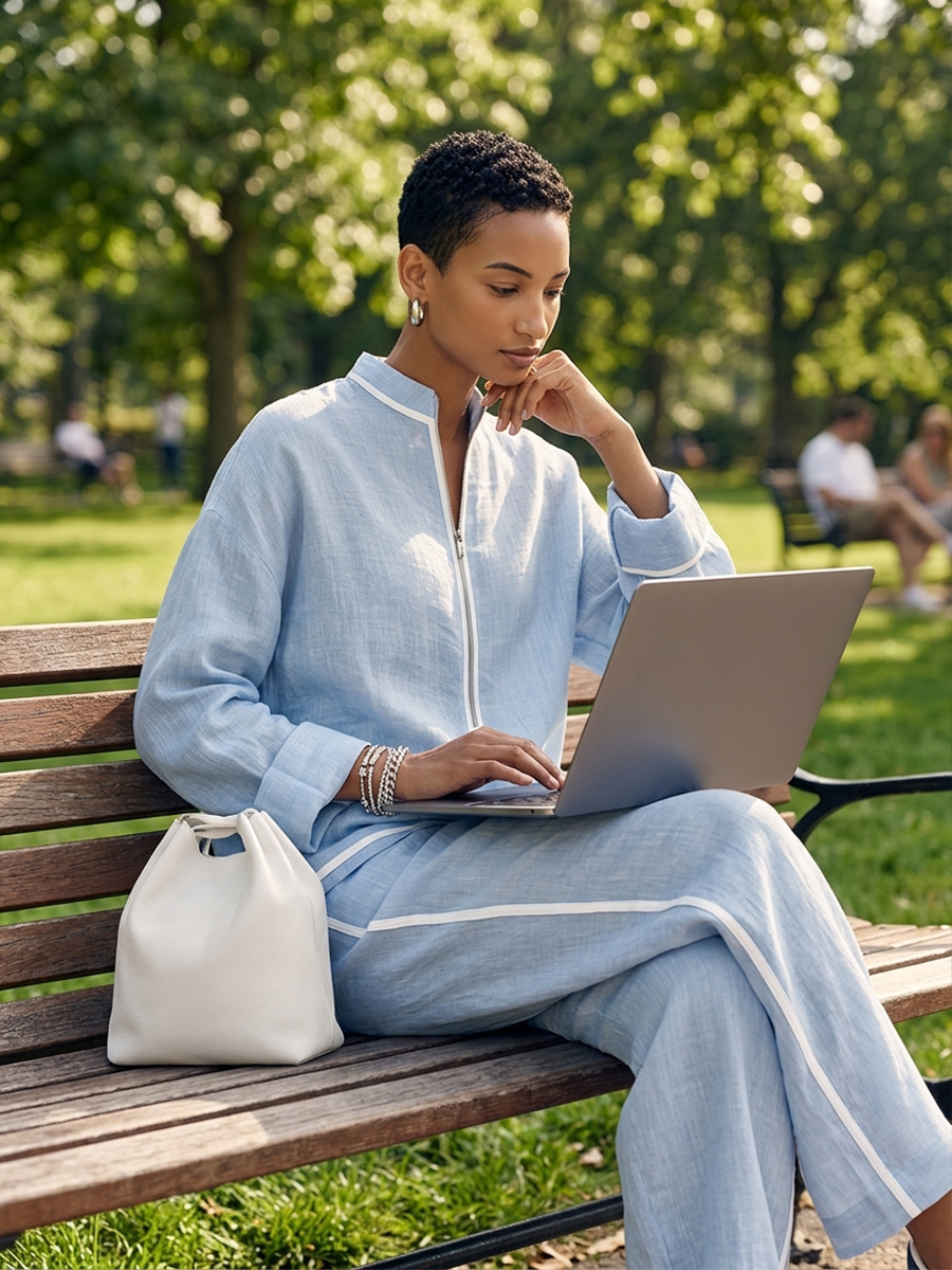 Women's Light‑Blue Linen Fabric Stand‑Collar Half‑Zip Oversized Top & Wide‑Leg Pants Set