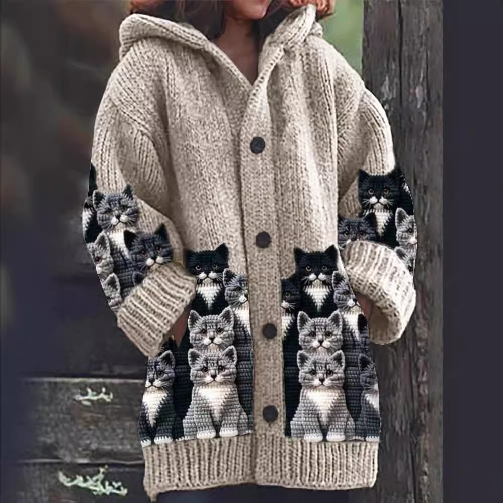 Jasmin - Útulný kardigan s potiskem koček