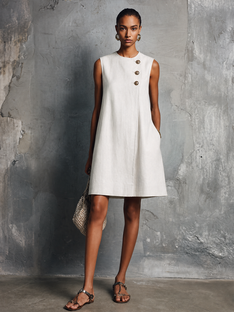Women's Minimalist Commuter Style Navy Blue Linen Round Neck Asymmetric Buttons Side Pocket Sleeveless Mini Dress