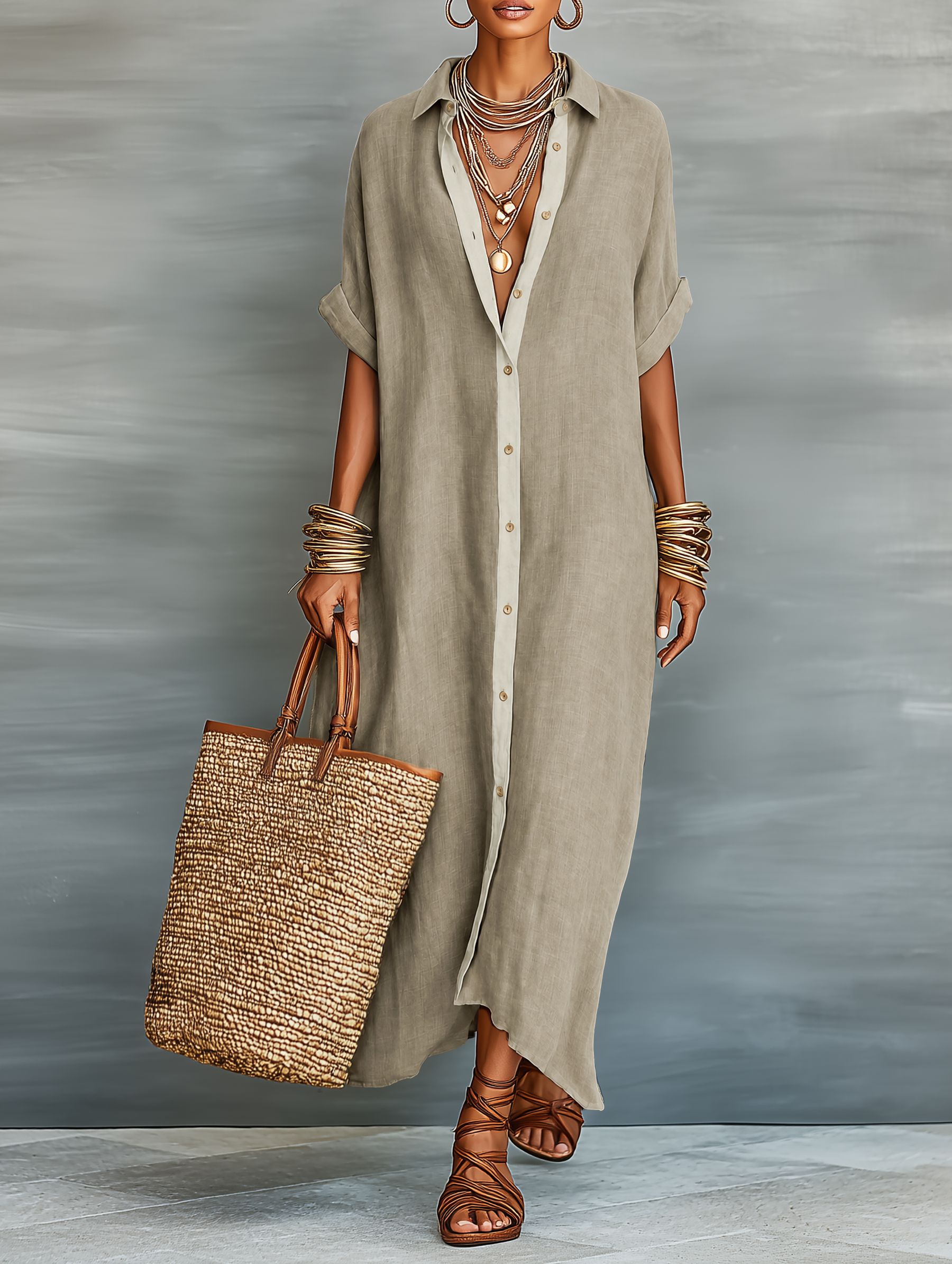 Women's Minimalist Linen Blend Short-sleeved Shirt Maxi Dress