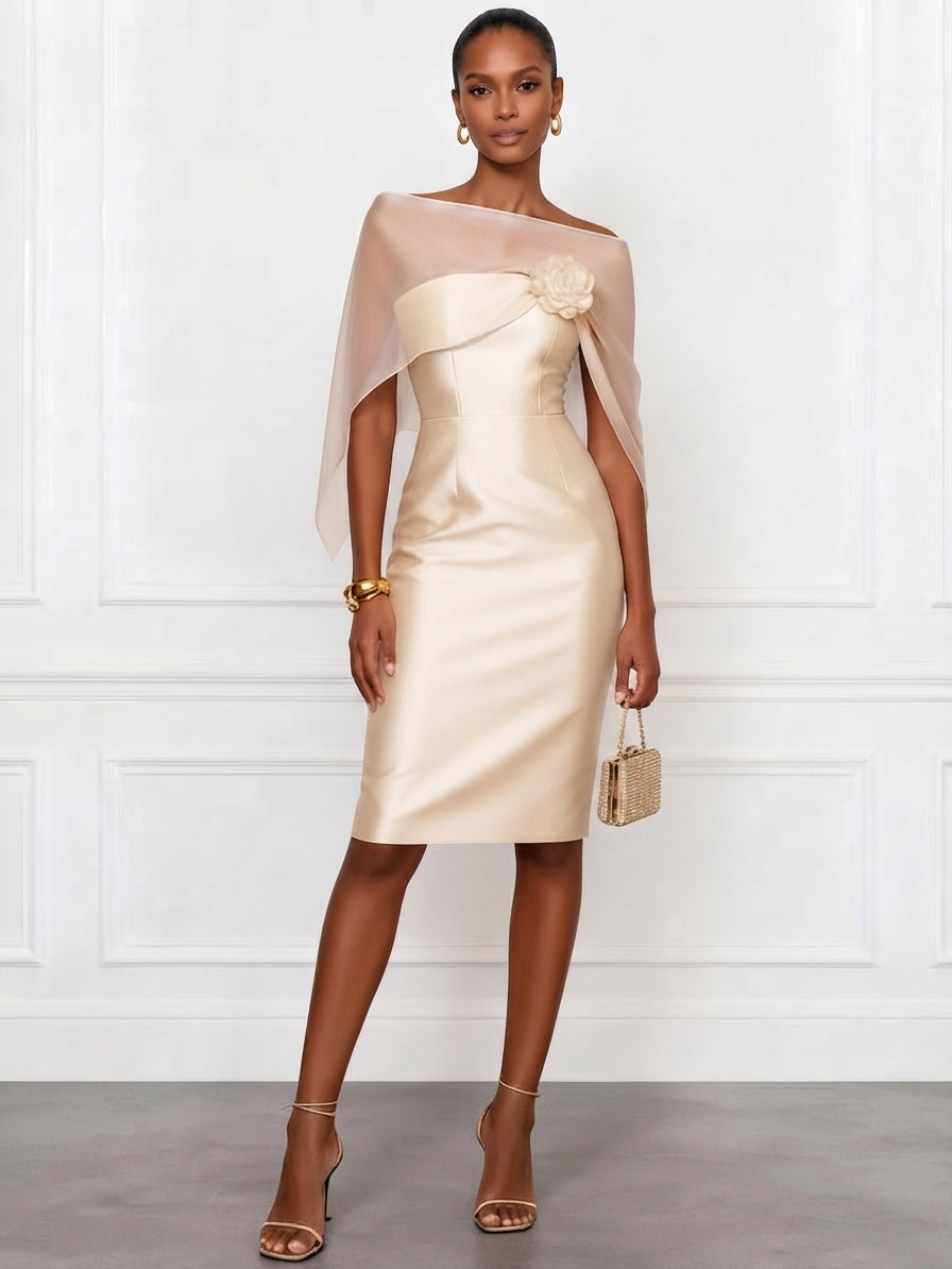 Gia | Apricot mesh shawl satin fitted midi dress