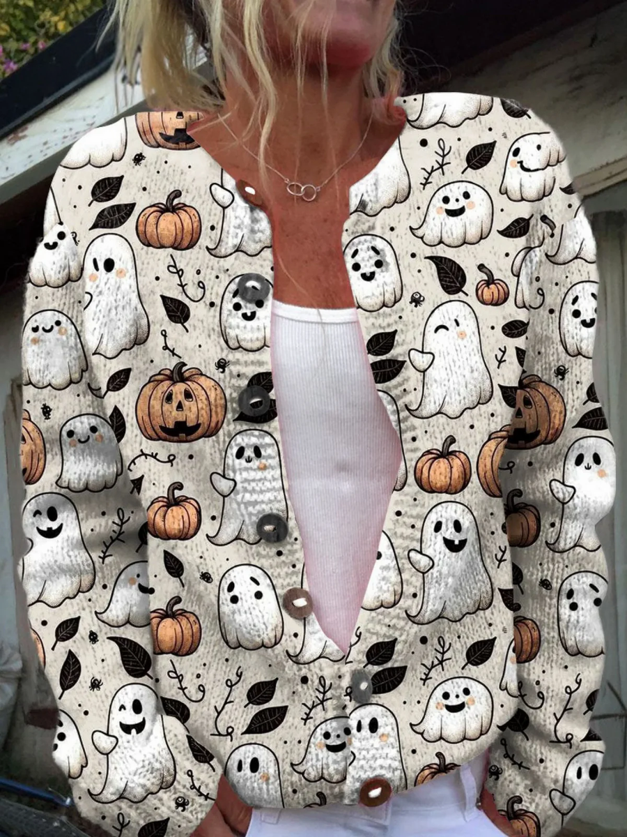 Vtipný halloweenský duch | Umělecký tisk | Svetr na knoflíky