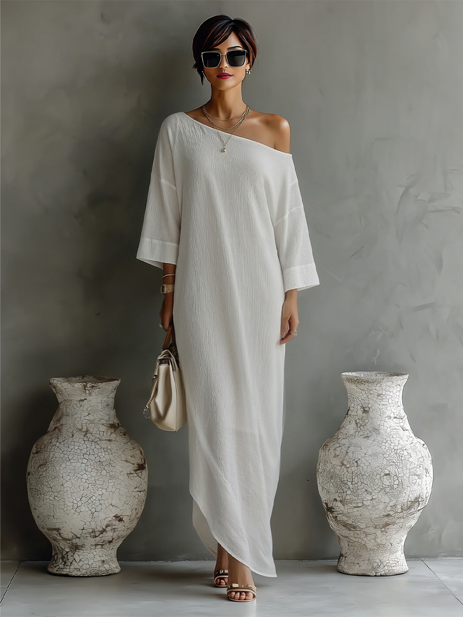 Women's Ivory White Cotton-Linen Blend One-Shoulder Flowing Elegant Dress