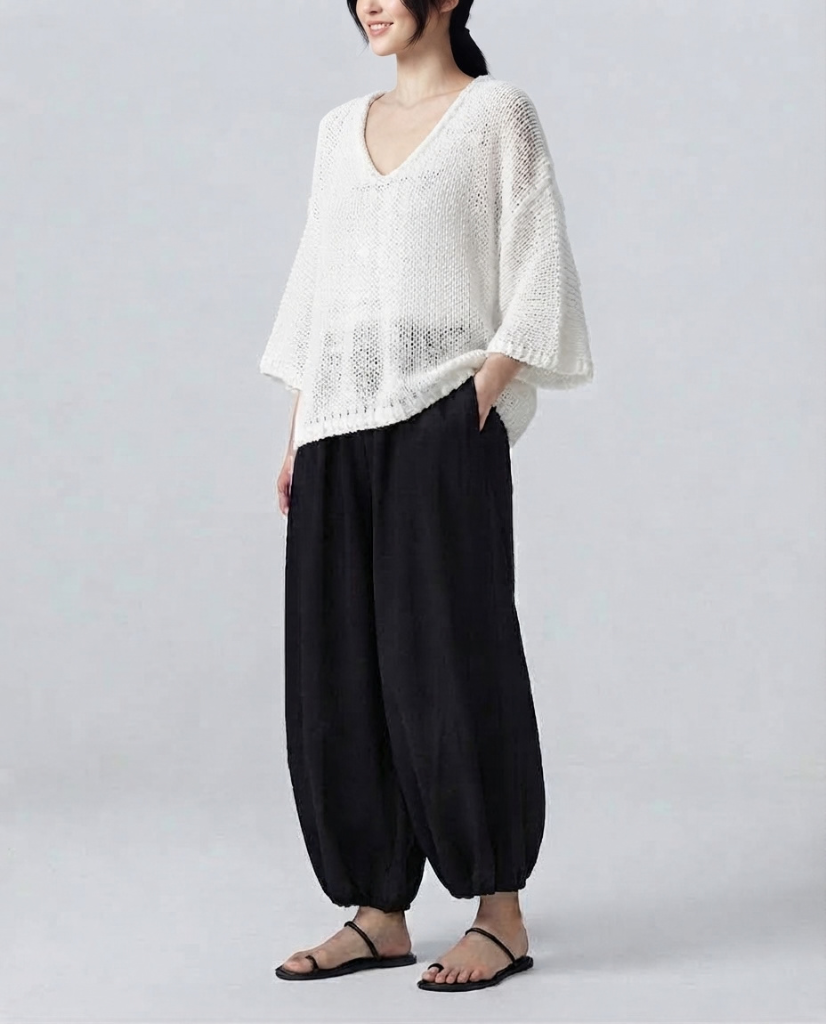 Women's Minimalist Lightweight Cape-sleeved Sweater And Harem Pants Set