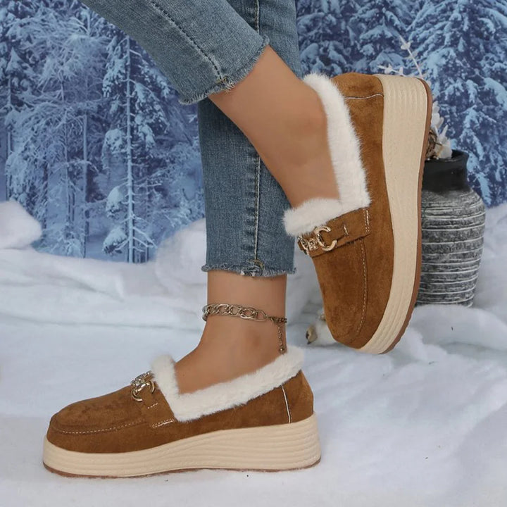 Horsebit Buckle Decor Thickened Plush Lined Fur Trim Slip On Wedge Loafers