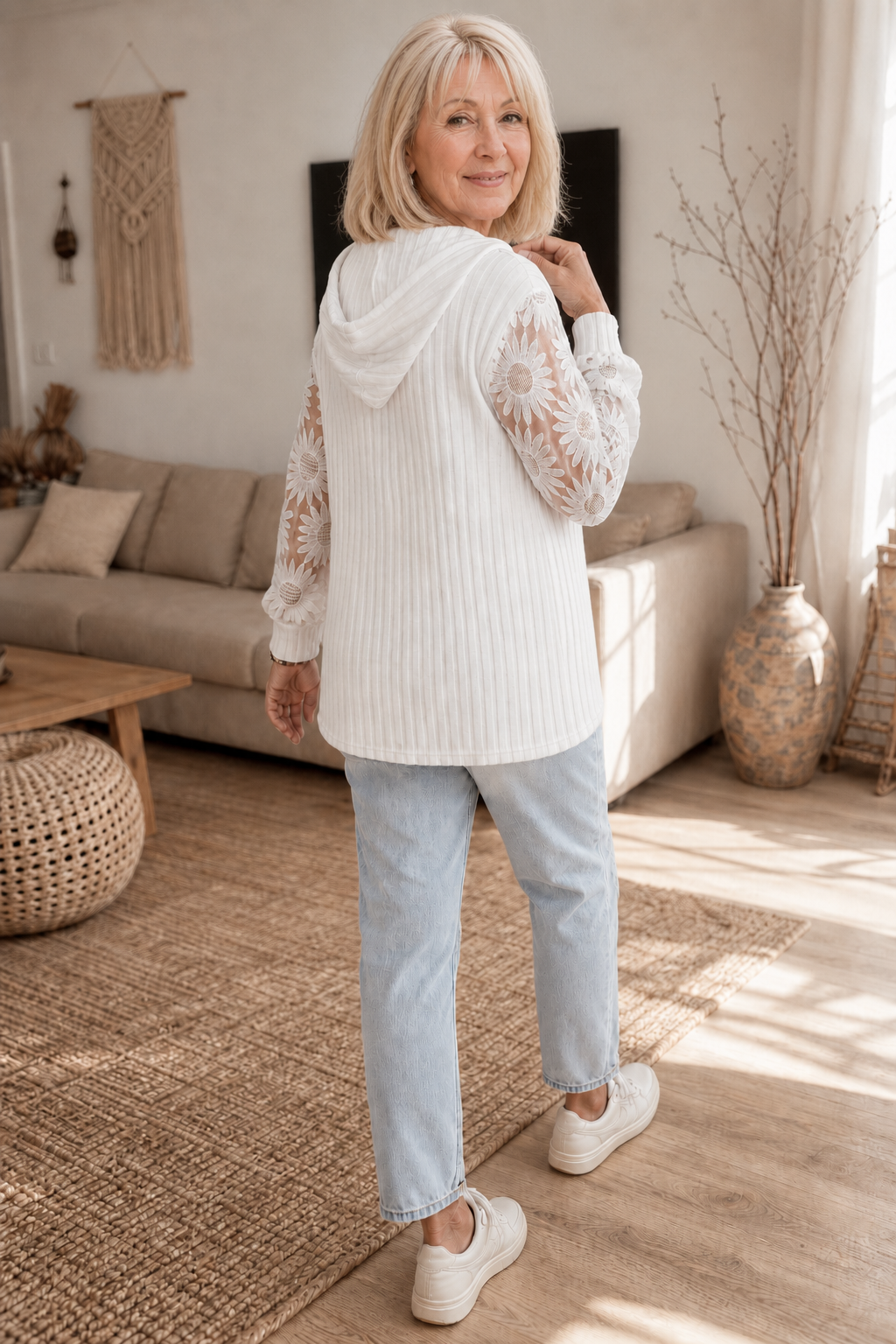 Lunetta – Lace-Look Sleeve Ribbed Knit Hoodie Cardigan