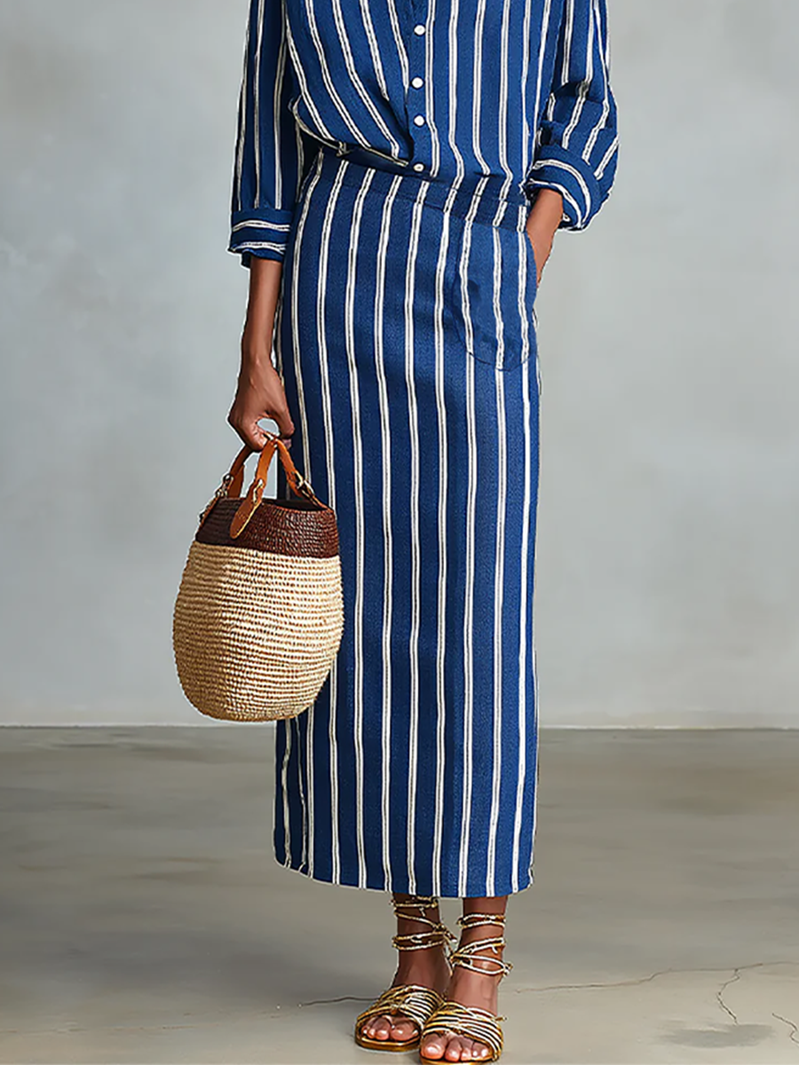 Women's Royal Blue White Stripe Cotton-Blend Co-Ord With Button Front Blouse & Elastic Waist Straight Maxi Skirt, Effortless-Chic Summer Daily Outfit