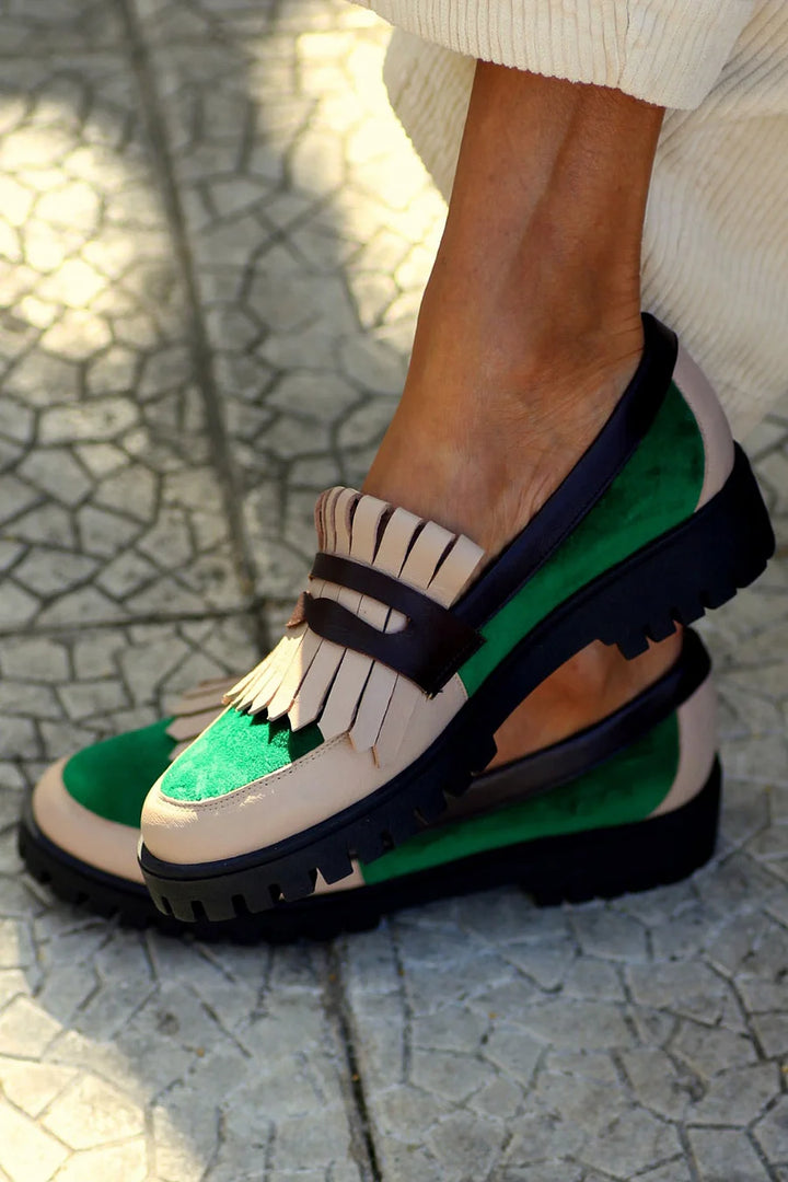 Color Block Tassels Trim Patchwork Round Toe Green Loafers [Pre Order]