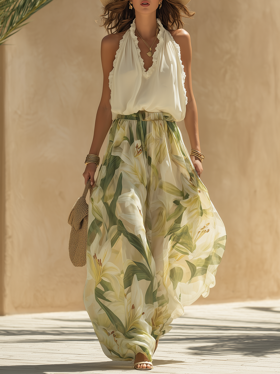 Erelle - Ruffled Halter-Neck Chiffon-Effect Set