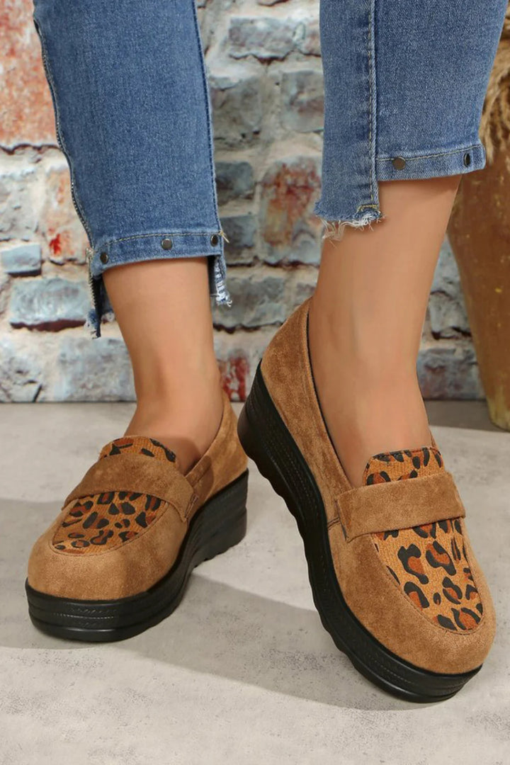 Leopard Print Penny Strap Trim Platform Wedge Round Toe Loafers
