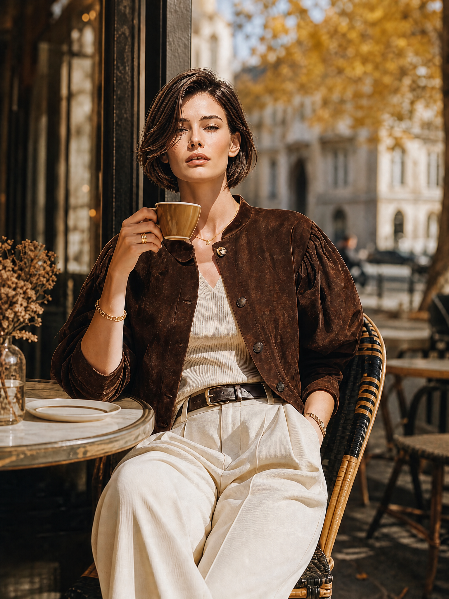 Women's Stand Collar Puff Sleeve Brown Jacket