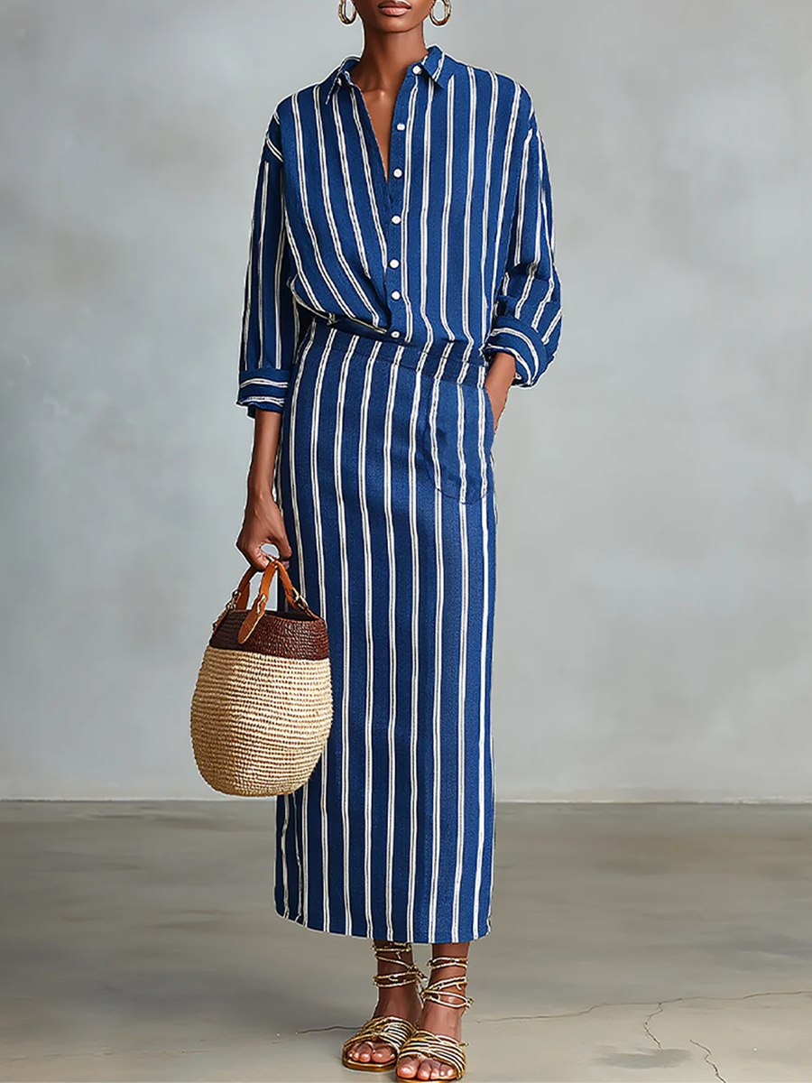 Women's Royal Blue White Stripe Cotton-Blend Co-Ord With Button Front Blouse & Elastic Waist Straight Maxi Skirt, Effortless-Chic Summer Daily Outfit