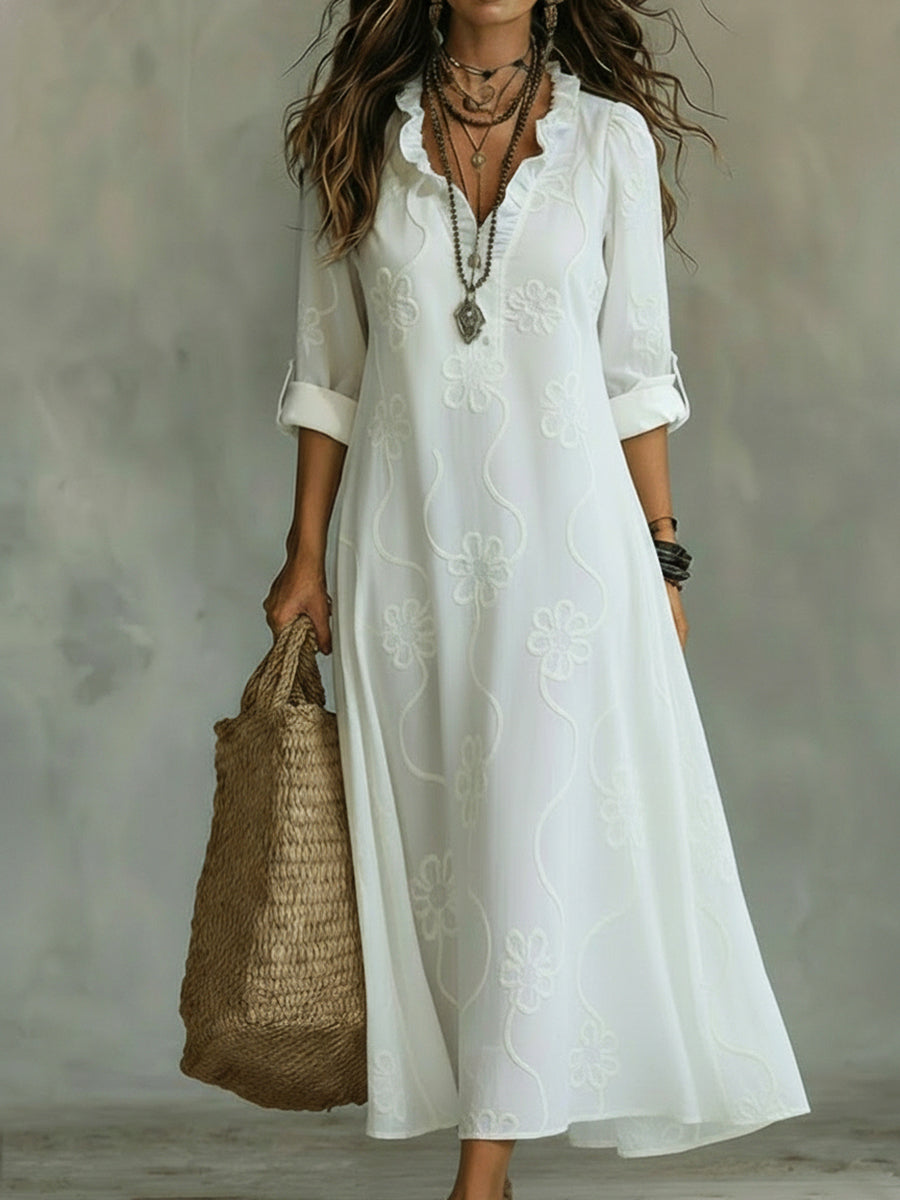 Kallie - Embroidered V Neck Maxi Dress Casual Fit