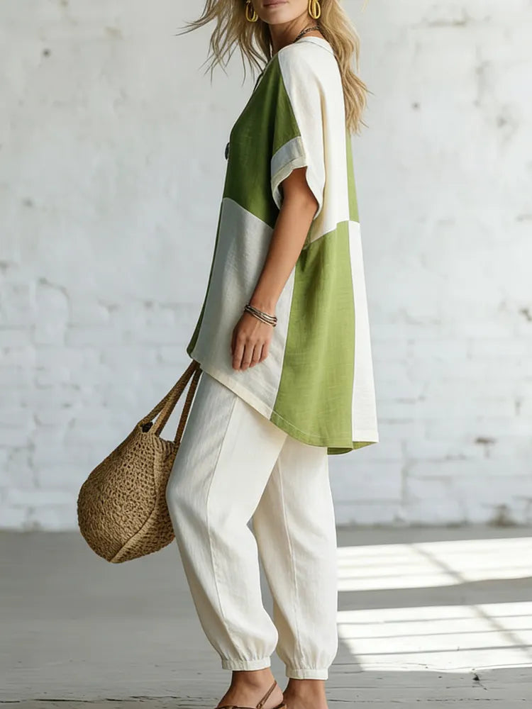 Artistic Color-block Patchwork Linen And Cotton Two-piece Set