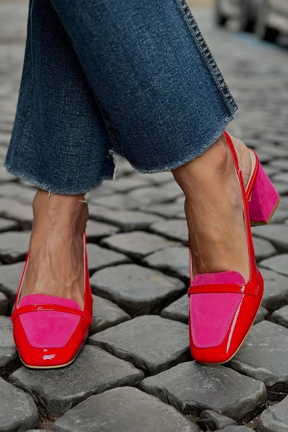 Patchwork Square Toe Slingback Red Sandals Heels