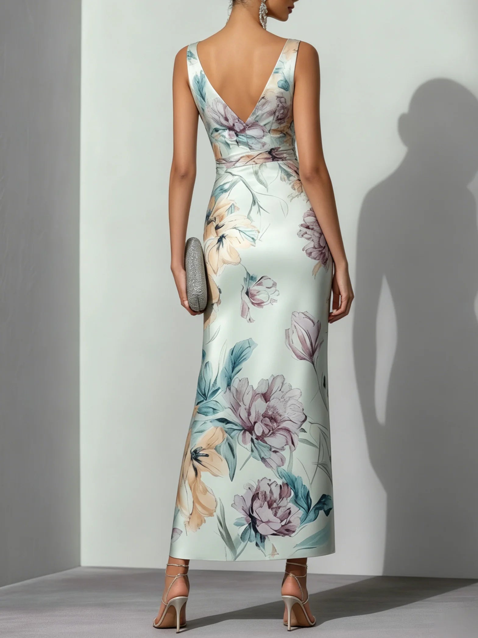 Light Blue Floral Satin V Neck Sleeveless Maxi Dress