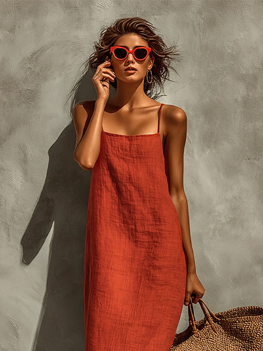 Women's Red Cotton Dress With Spaghetti Straps & Square Neck, Timeless Boho-Resort Style Dress