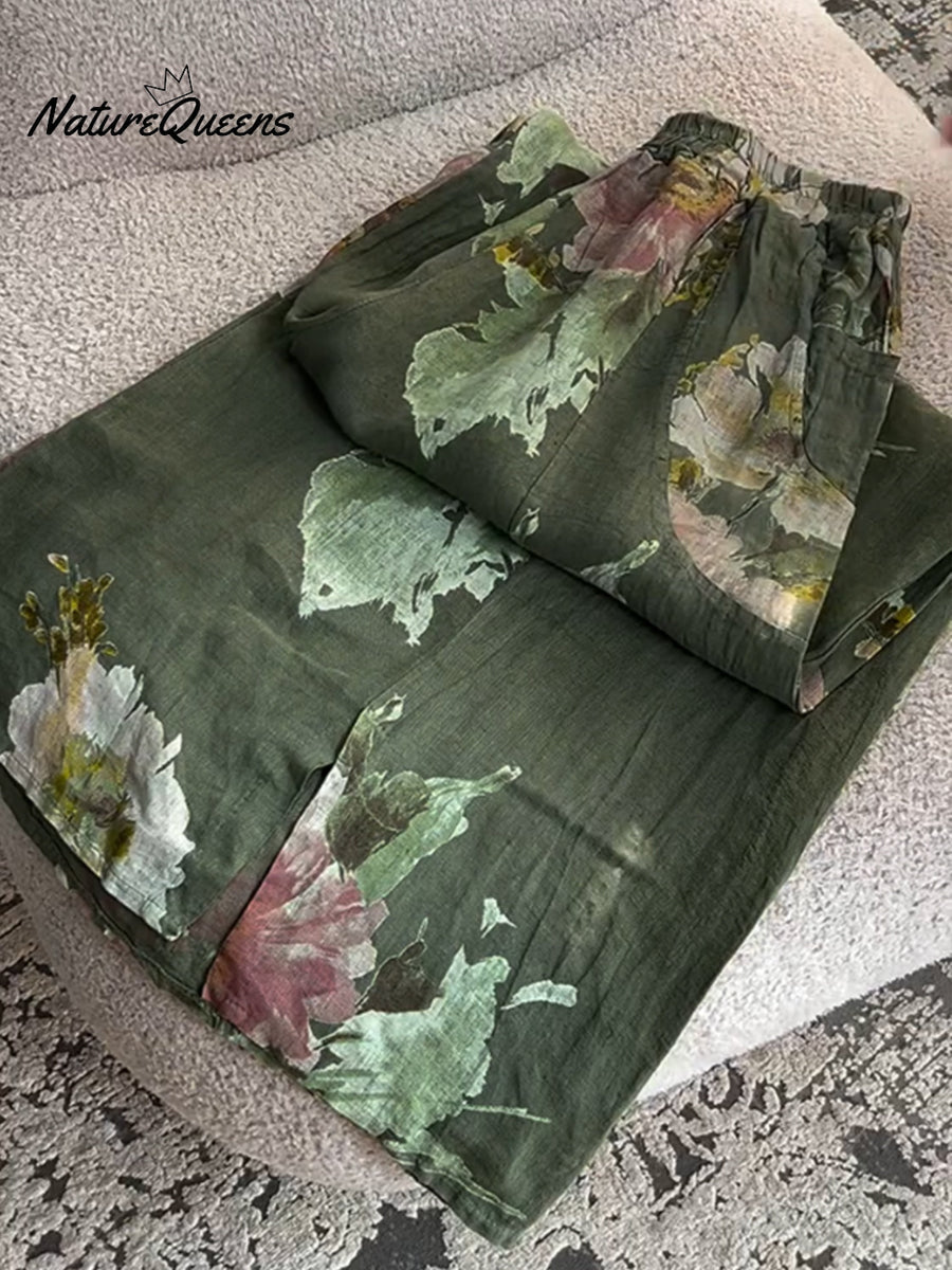 Women's Vintage Floral Print Casual Cotton and Linen Pants