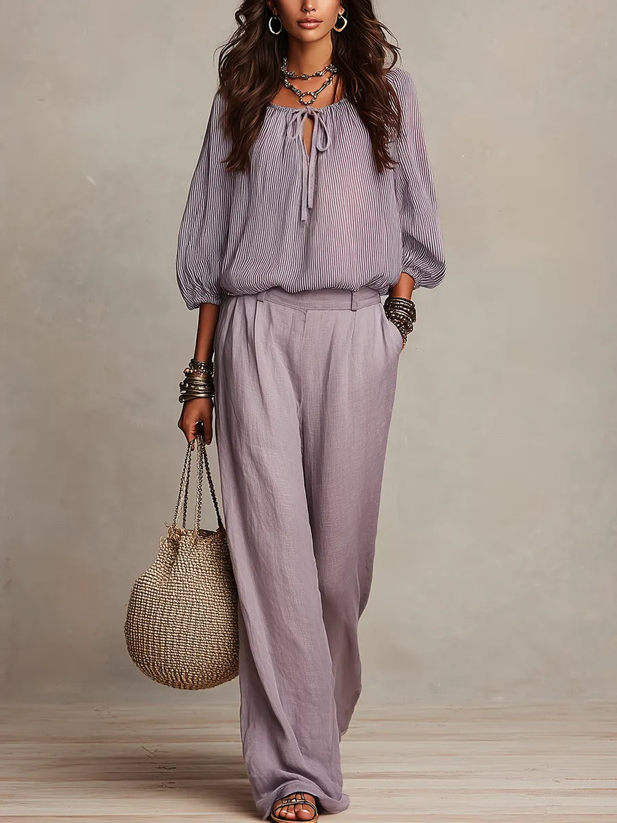 Elegant Lavender Tie-Neck Blouse & Wide Leg Pants Set