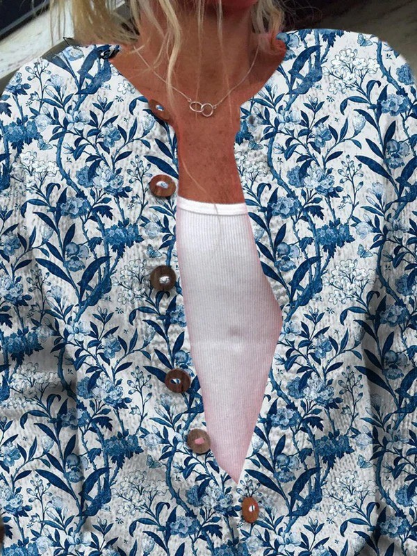 Cardigan boutonné élégant à motif floral bleu et blanc