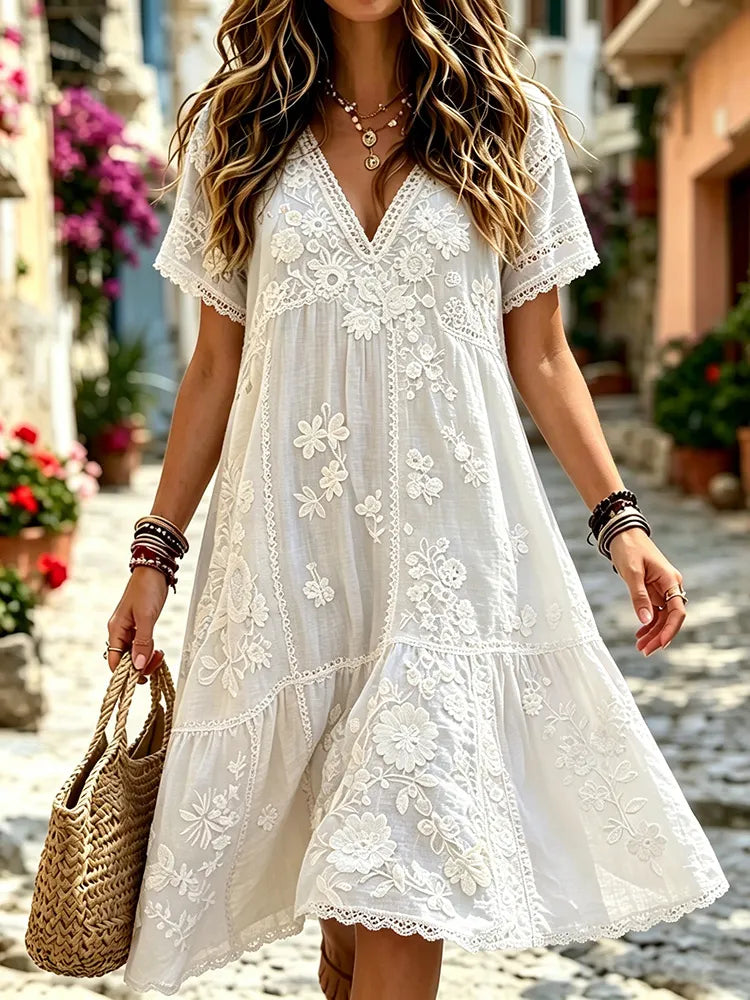 Women's Retro Floral Art Embroidery Cotton Linen V-neck Midi Dress