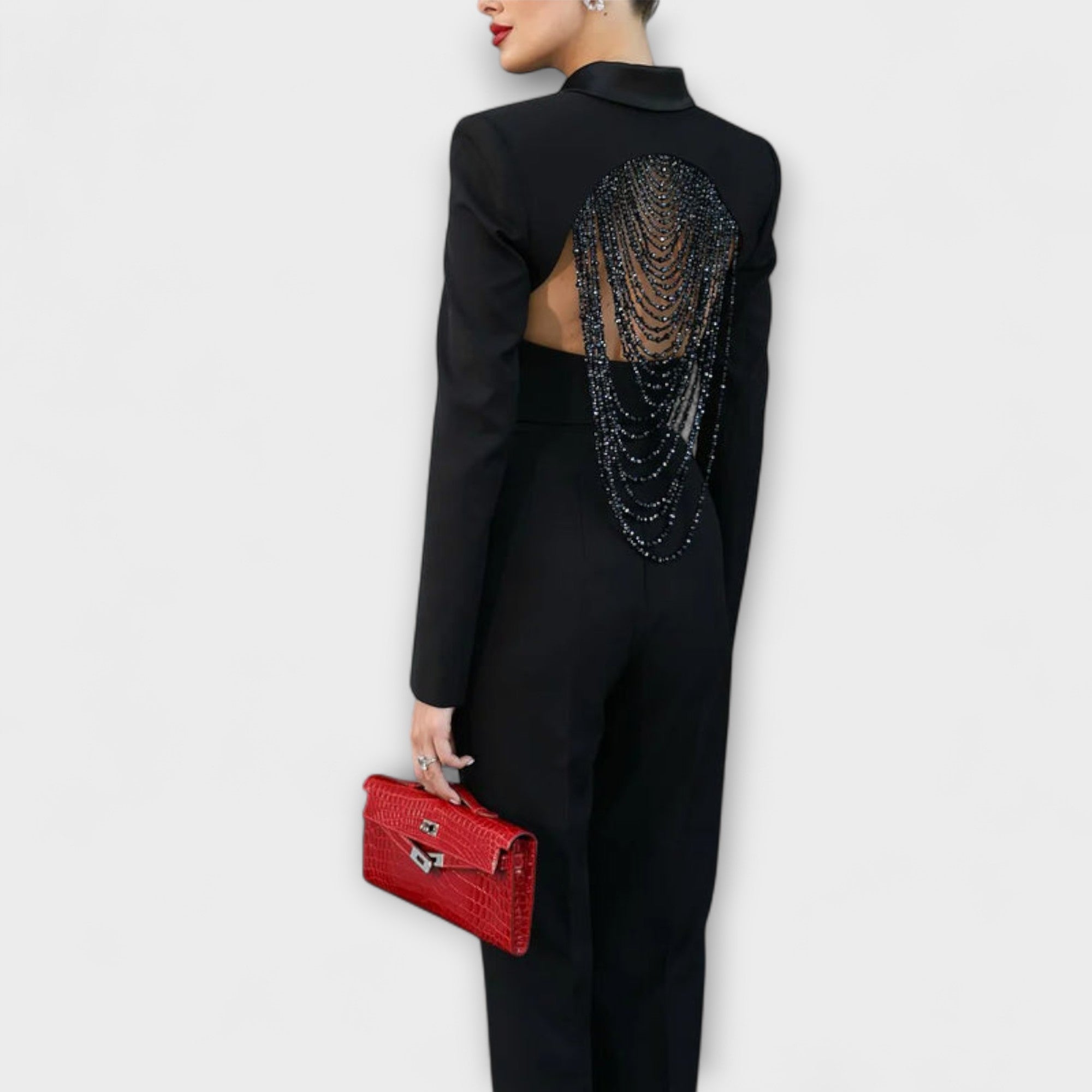Ensemble blazer court sans dos orné de perles Noa - Black