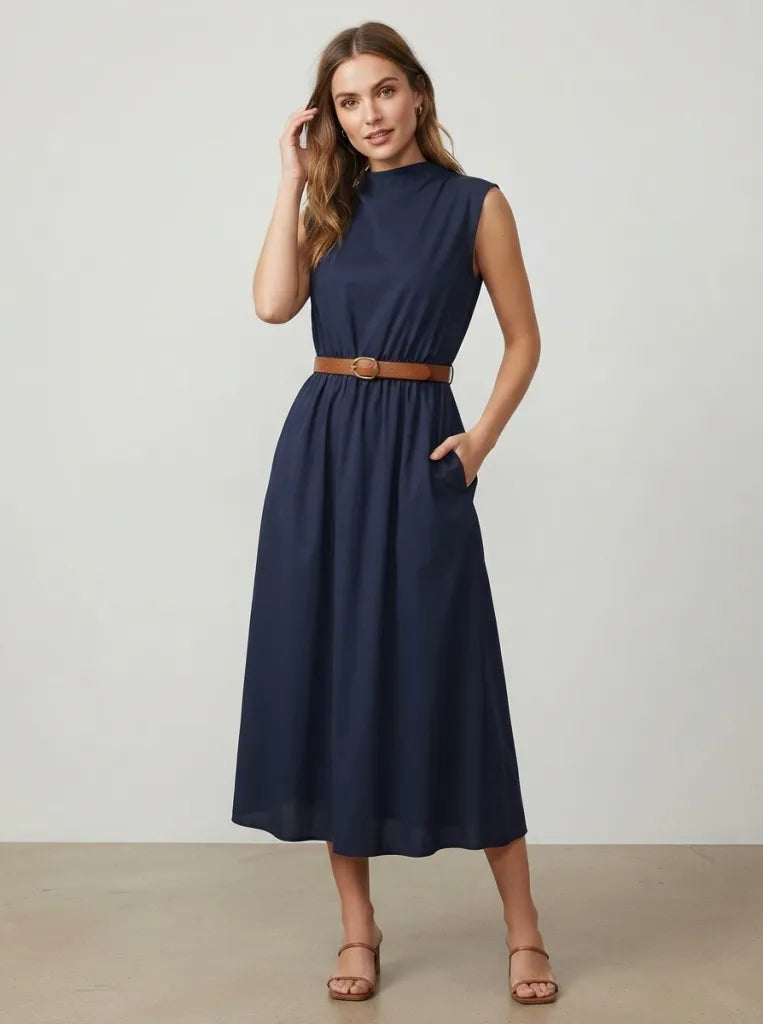 Belted High-Neck Pleated Maxi Dress