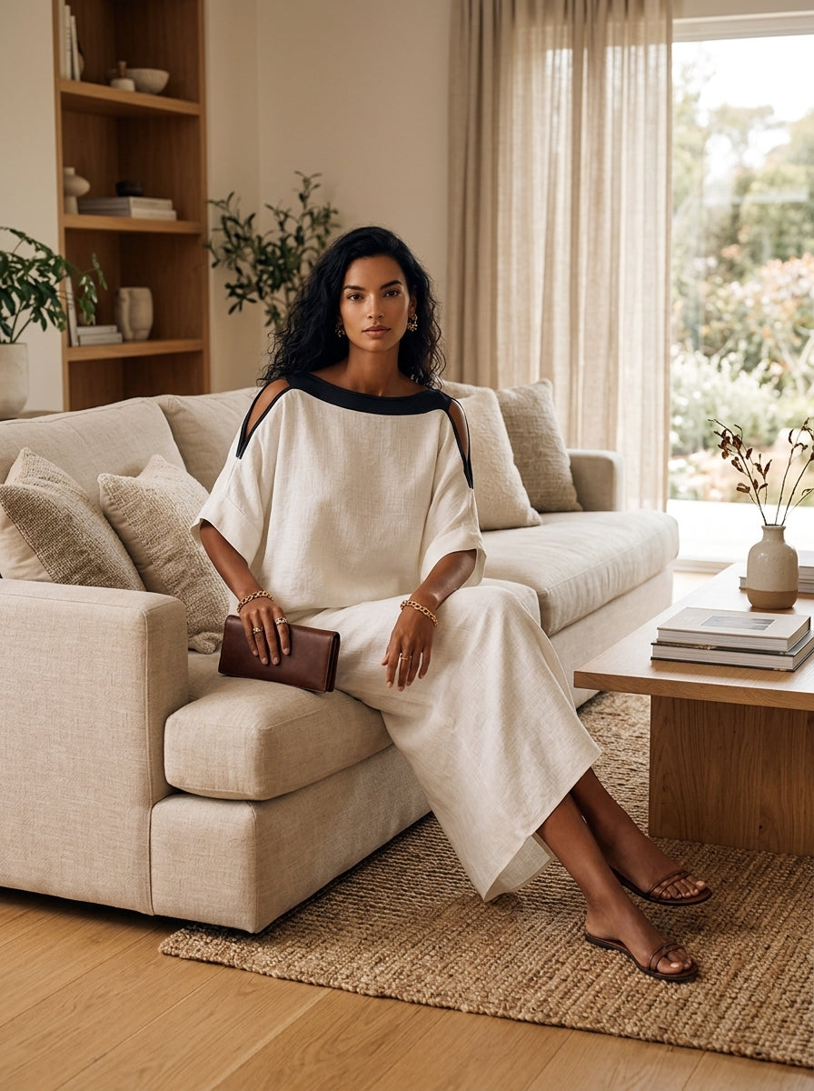 Women's Linen-Blend Batwing-Sleeve Top And Midi Skirt Two-Piece Set