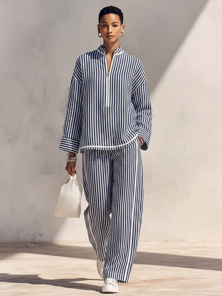 Women's Light‑Blue Linen Fabric Stand‑Collar Half‑Zip Oversized Top & Wide‑Leg Pants Set