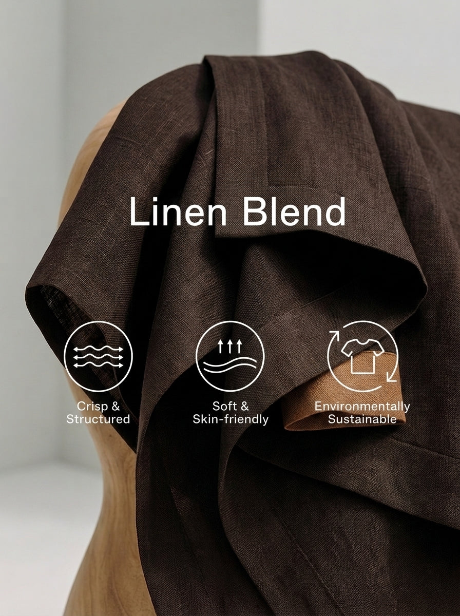 Women's Dark‑Brown Linen Fabric Stand‑Collared Zip‑Up Crop Top & Wide‑Leg Pants Set
