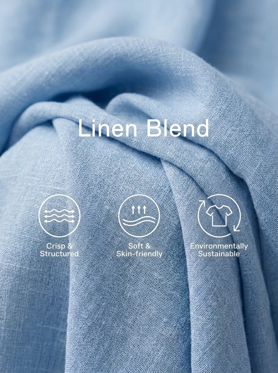 Women's Light‑Blue Linen Fabric Stand‑Collar Half‑Zip Oversized Top & Wide‑Leg Pants Set