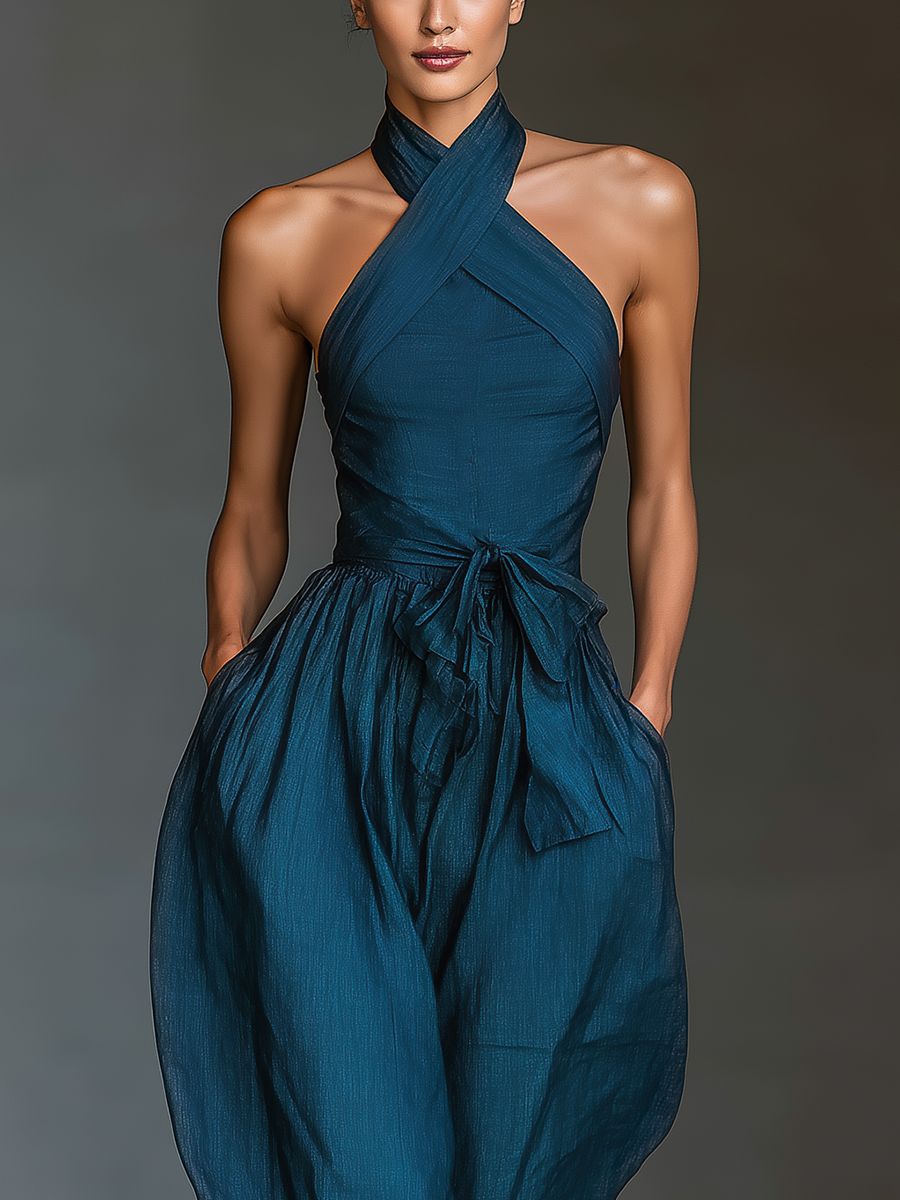 Women's Navy Blue Linen Fabric Cross Halter Wide-Leg Jumpsuit With Tie Waist & Side Pockets