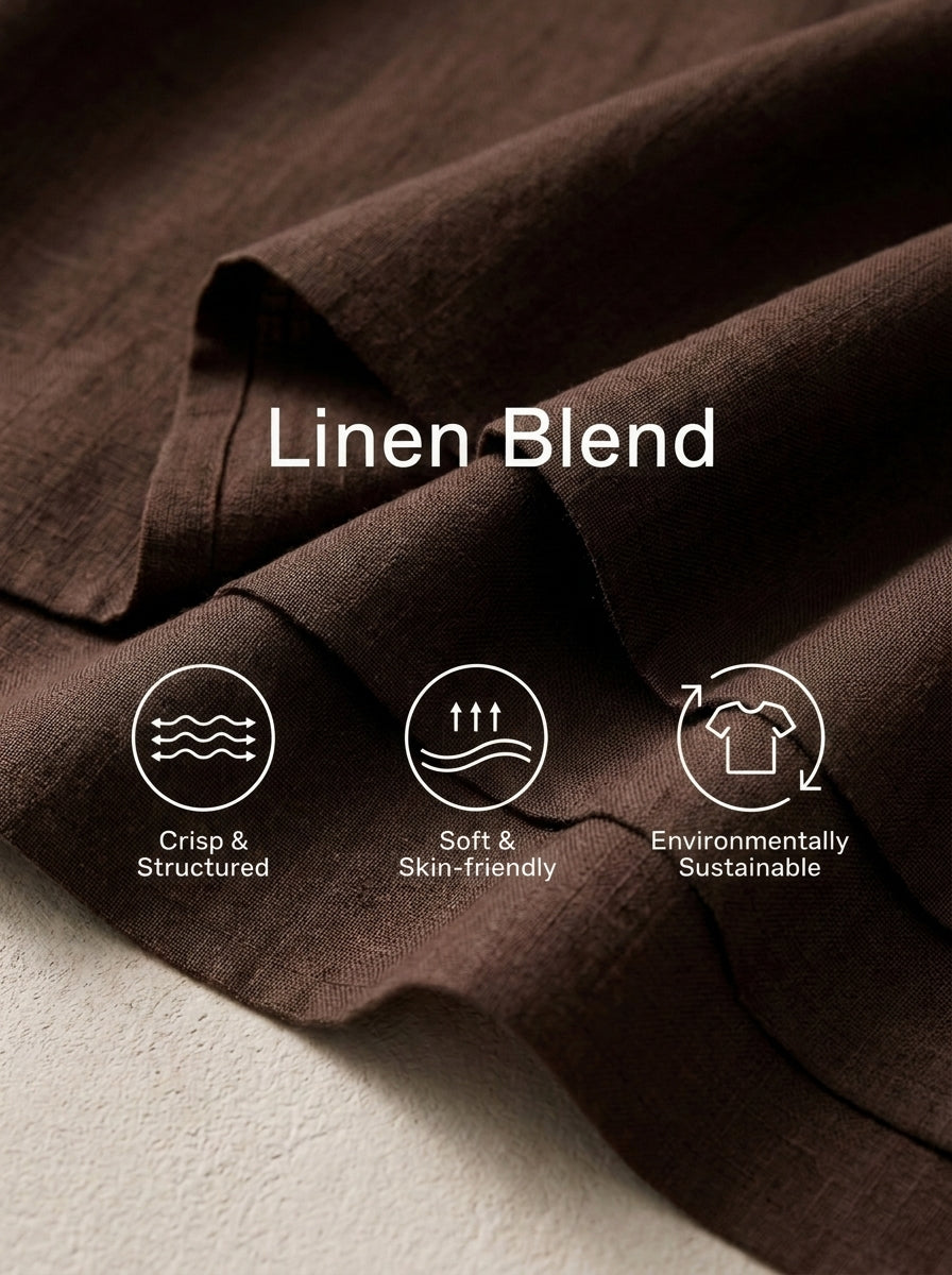 Women's Minimalist Solid Brown Linen & Lace-Panel Midi Shirt Dress