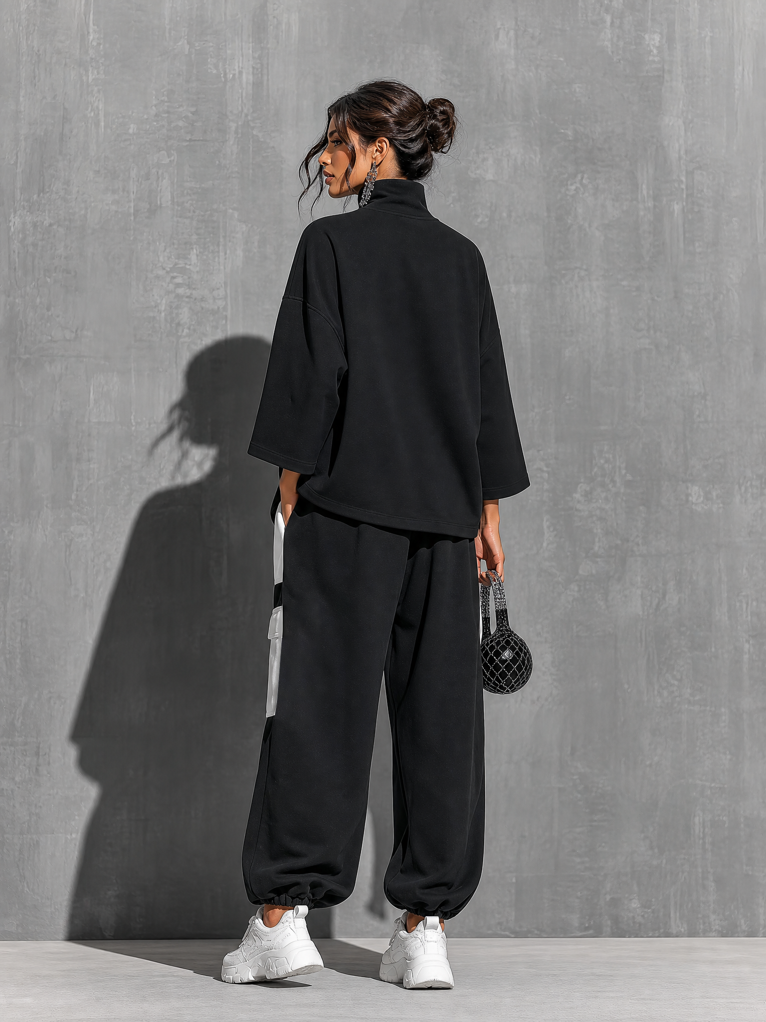 Women’s Black Cotton Knit Oversized High Neck 3/4 Sleeve Sweatshirt & Elastic Cuff Color Block White Patch Pocket Jogger Cargo Pants Two Piece Tracksuit Set